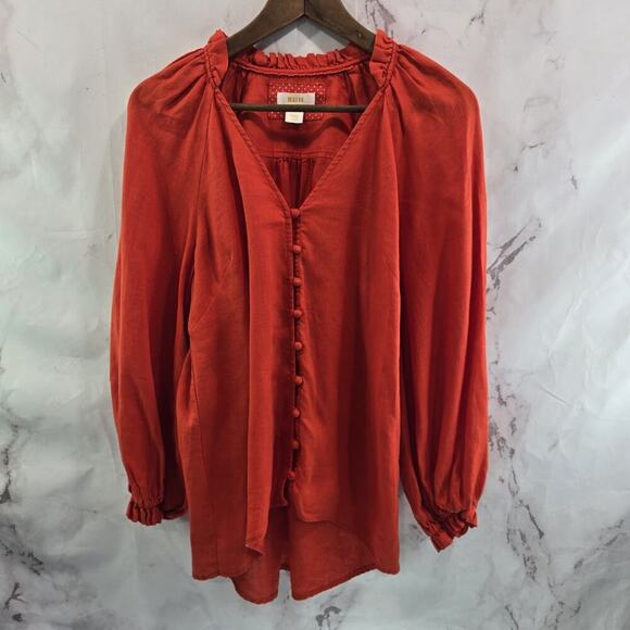 Anthropologie Shirt Womens Small Orange Popover Button Linen Maeve Peasant Audie - Picture 1 of 14